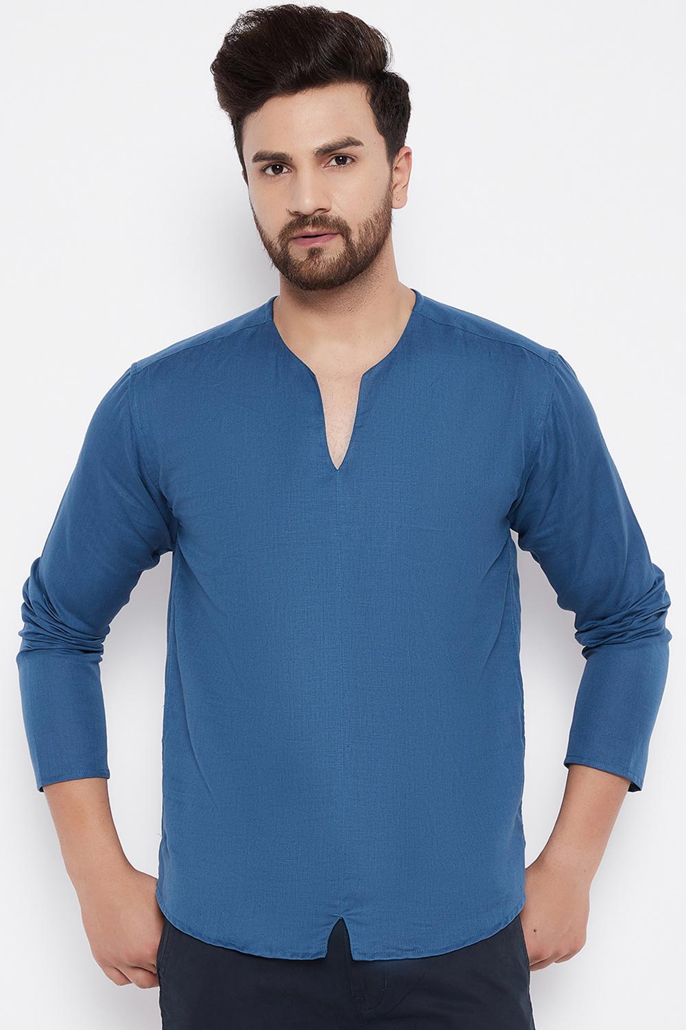 Buy Linen Solid Kurta in Blue Online