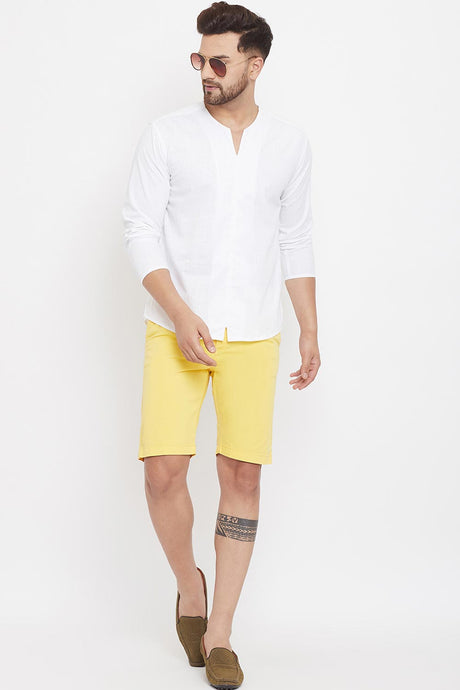 Buy Men's Blended Cotton Solid Short Kurta in White - Back