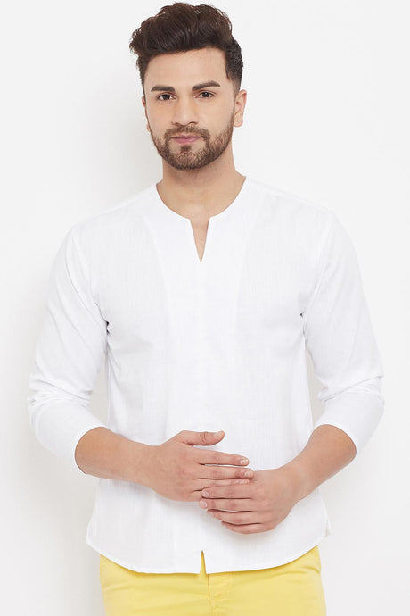 Buy Men's Blended Cotton Solid Short Kurta in White Online