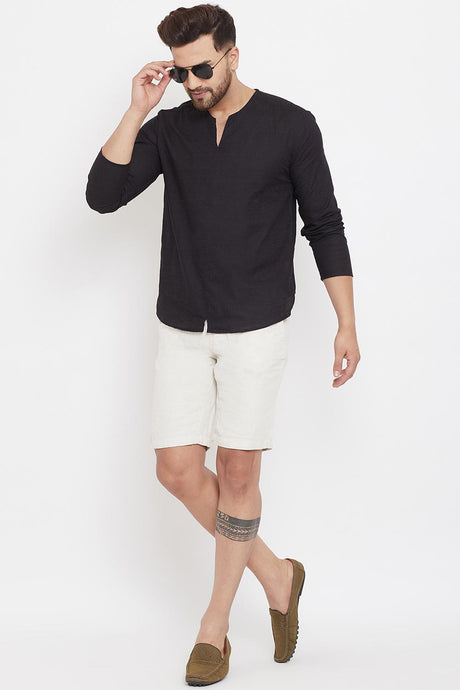 Buy Men's Blended Cotton Solid Short Kurta in Black - Back