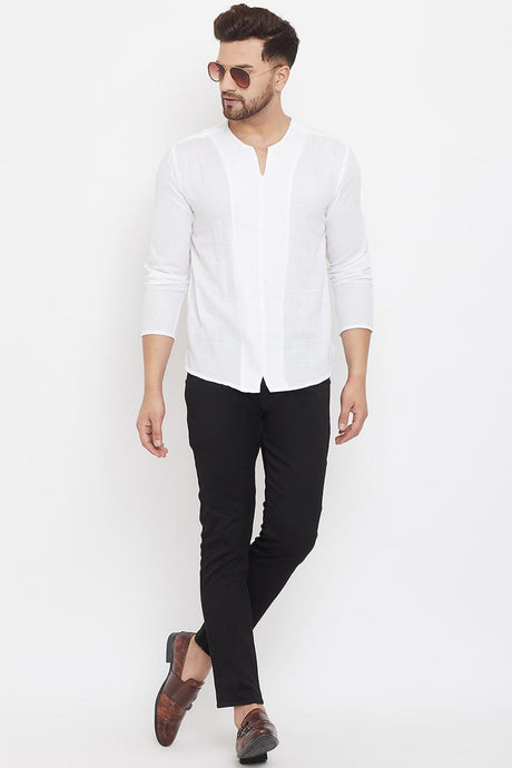 Buy Men's Blended Cotton Solid Short Kurta in White - Back