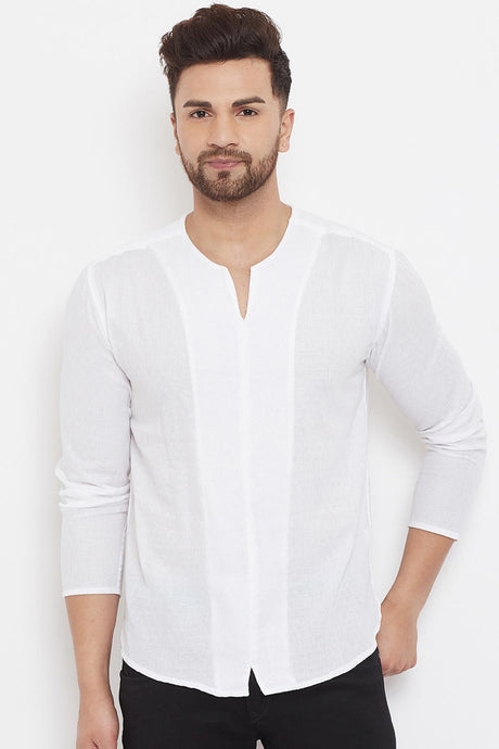 Buy Men's Blended Cotton Solid Short Kurta in White Online