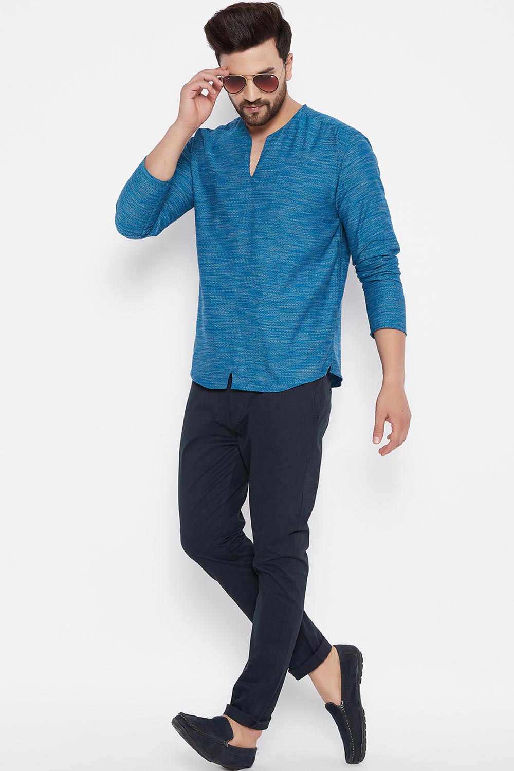 Buy Blended Cotton Solid Kurta in Blue Online - Back