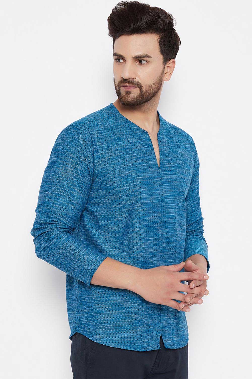 Buy Blended Cotton Solid Kurta in Blue Online - Side