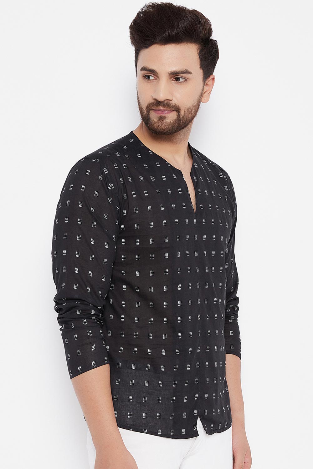 Buy Blended Cotton Woven Kurta in Black Online - Side