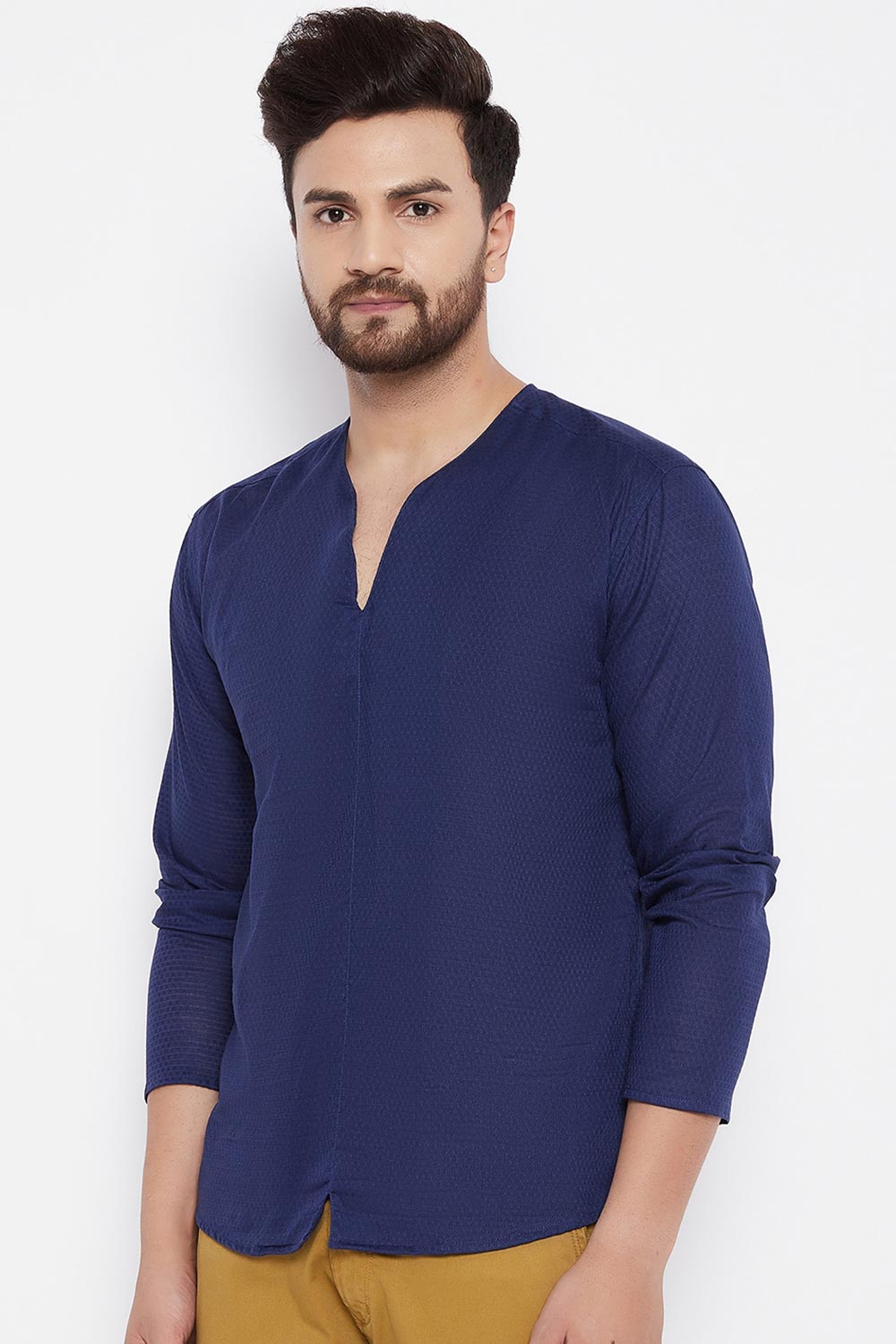 Buy Blended Cotton Woven Kurta in Blue Online - Front