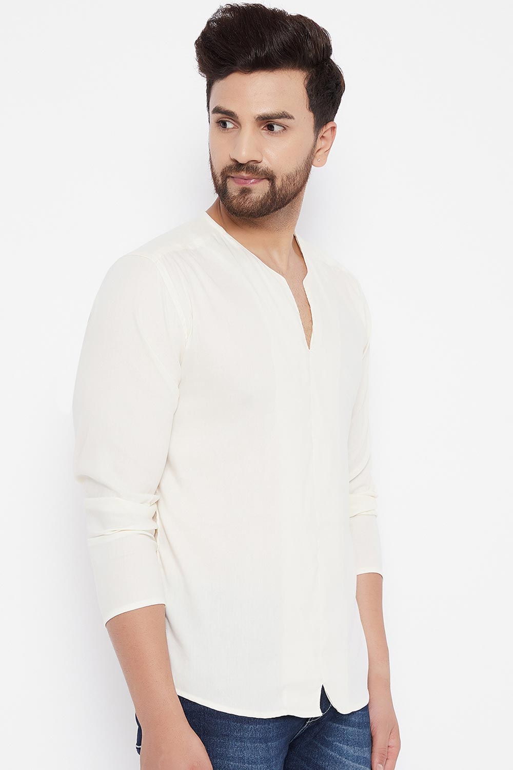 Buy Blended Cotton Solid Kurta in White Online - Side