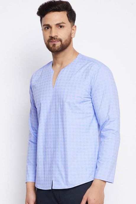 Buy Men's Cotton Checks Print Short Kurta in Blue - Back