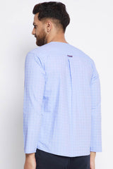 Buy Men's Cotton Checks Print Short Kurta in Blue - Front