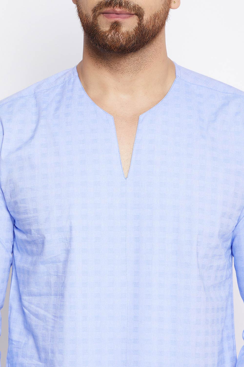 Buy Men's Cotton Checks Print Short Kurta in Blue - Side