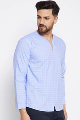 Buy Men's Cotton Checks Print Short Kurta in Blue - Zoom Out