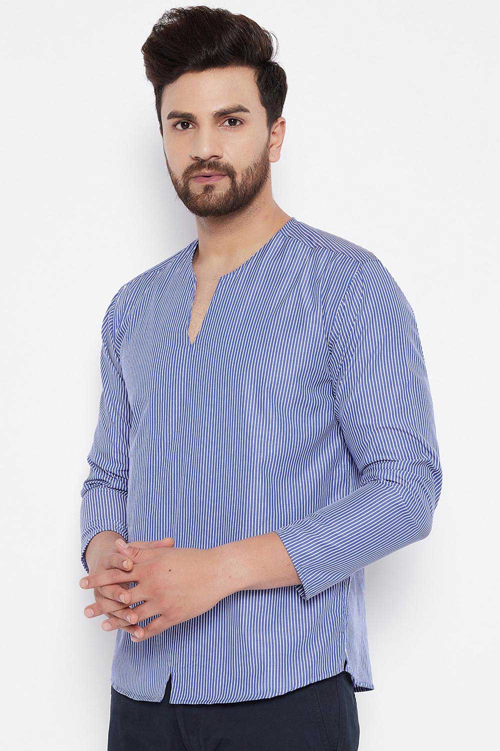 Buy Blended Cotton Striped Kurta in Blue Online - Front