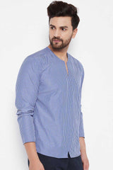 Buy Blended Cotton Striped Kurta in Blue Online - Side