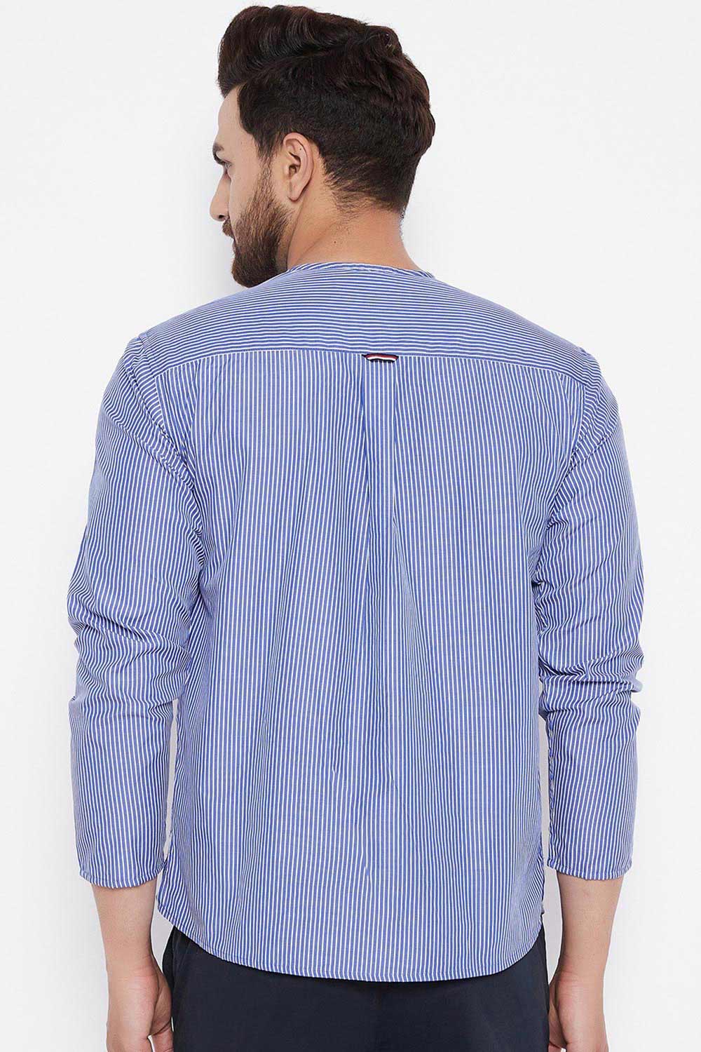 Buy Blended Cotton Striped Kurta in Blue Online - Zoom In