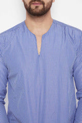 Buy Blended Cotton Striped Kurta in Blue Online - Zoom Out