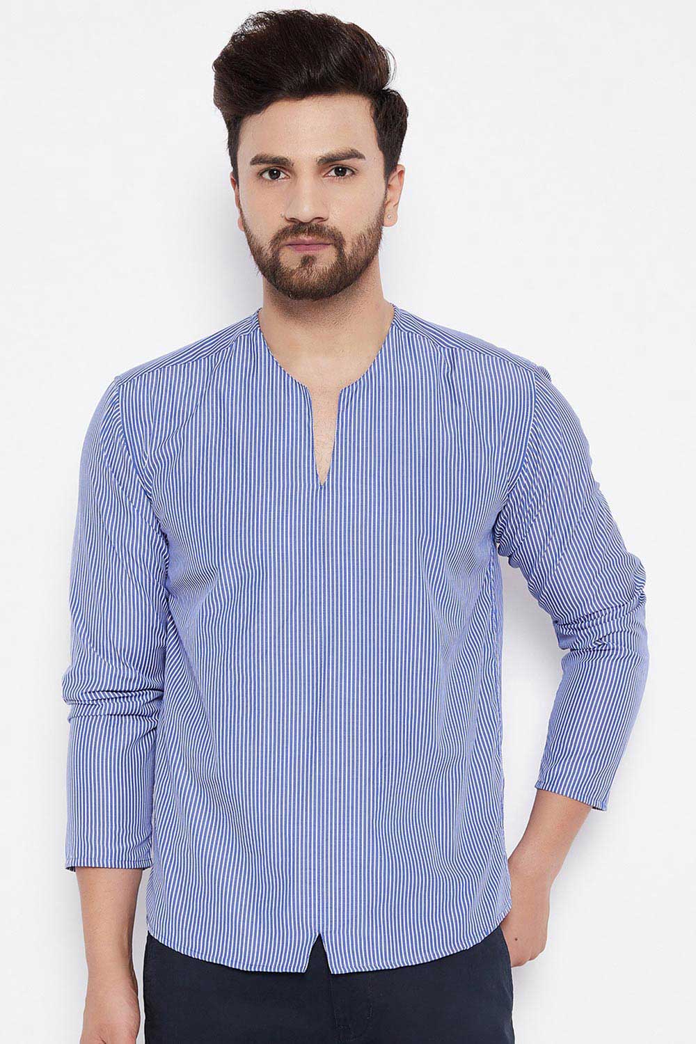 Buy Blended Cotton Striped Kurta in Blue Online