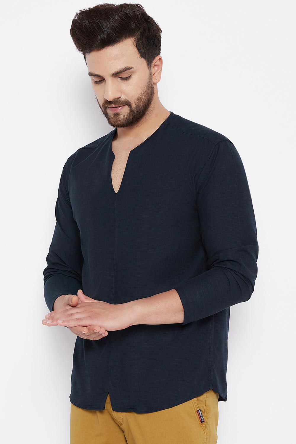 Buy Blended Cotton Solid Kurta in Blue Online - Front