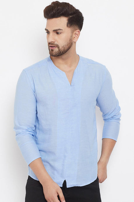Buy Men's Blended Cotton Solid Short Kurta in Blue Online