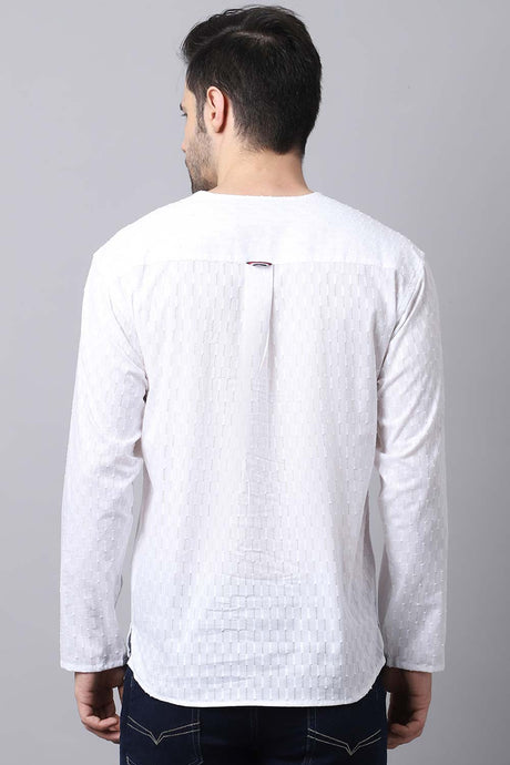 Men's Light White Self-Design Full Sleeve Short Kurta Top
