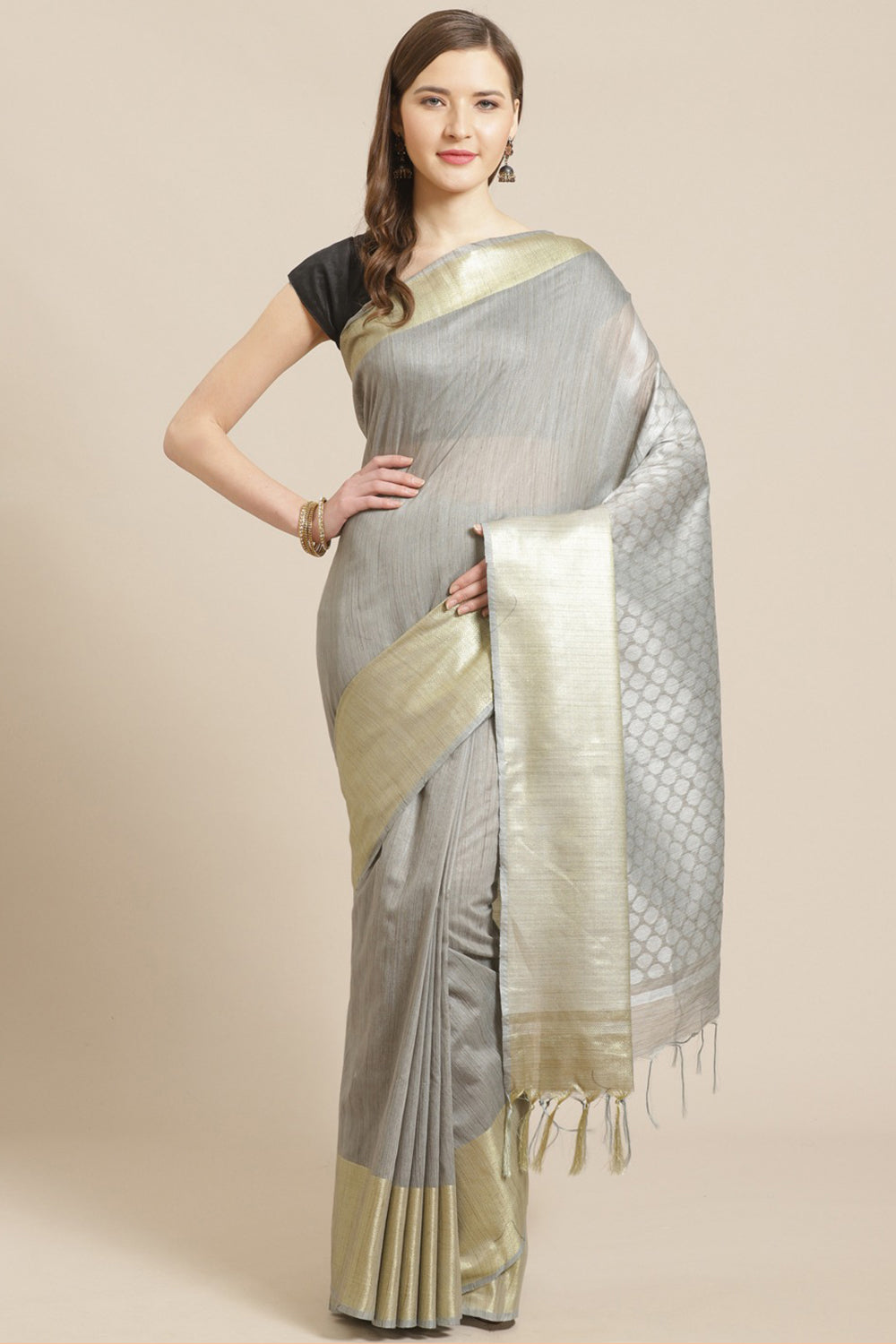 Buy Art Silk Woven Saree in Grey