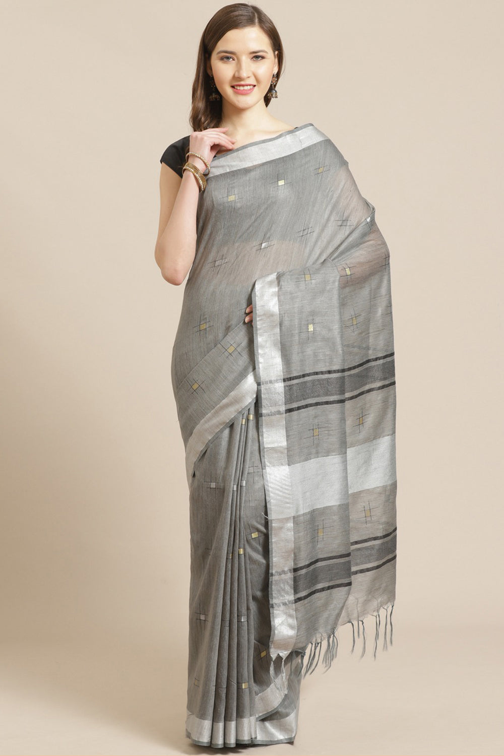 Buy Silk Woven Saree in Grey