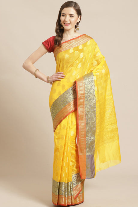 Buy Art Silk Woven Saree in Yellow