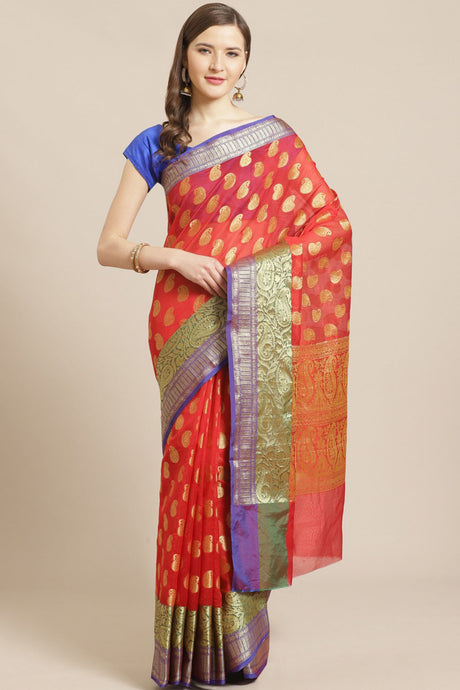 Buy Art Silk Woven Saree in Red