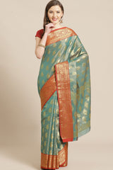 Buy Art Silk Woven Saree in Teal Green