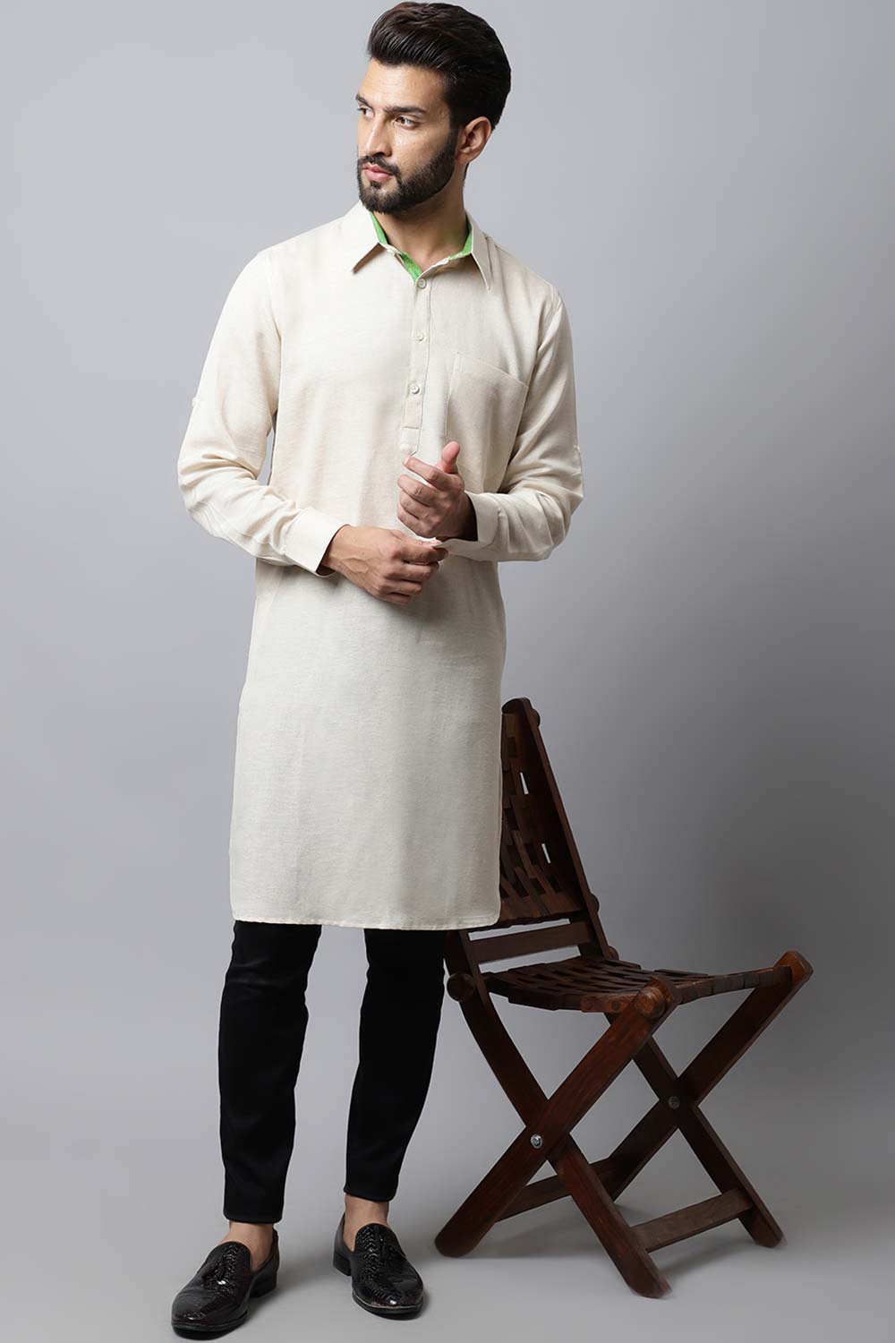 Men's Light Cream Solid Full Sleeve Long Kurta Top