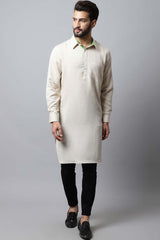 Men's Light Cream Solid Full Sleeve Long Kurta Top