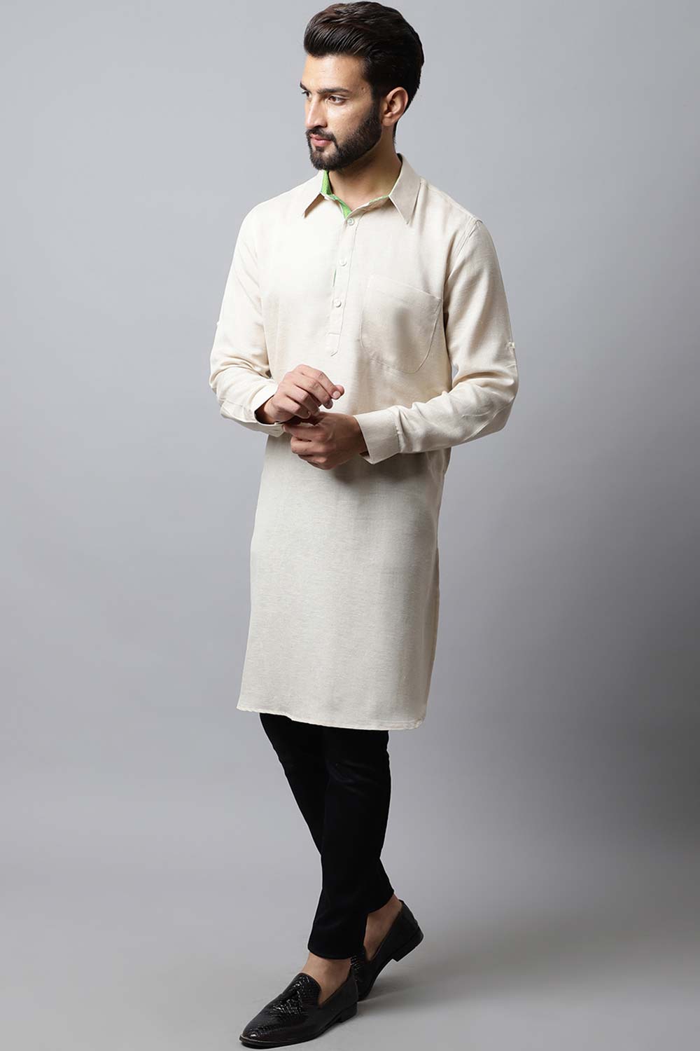 Men's Light Cream Solid Full Sleeve Long Kurta Top