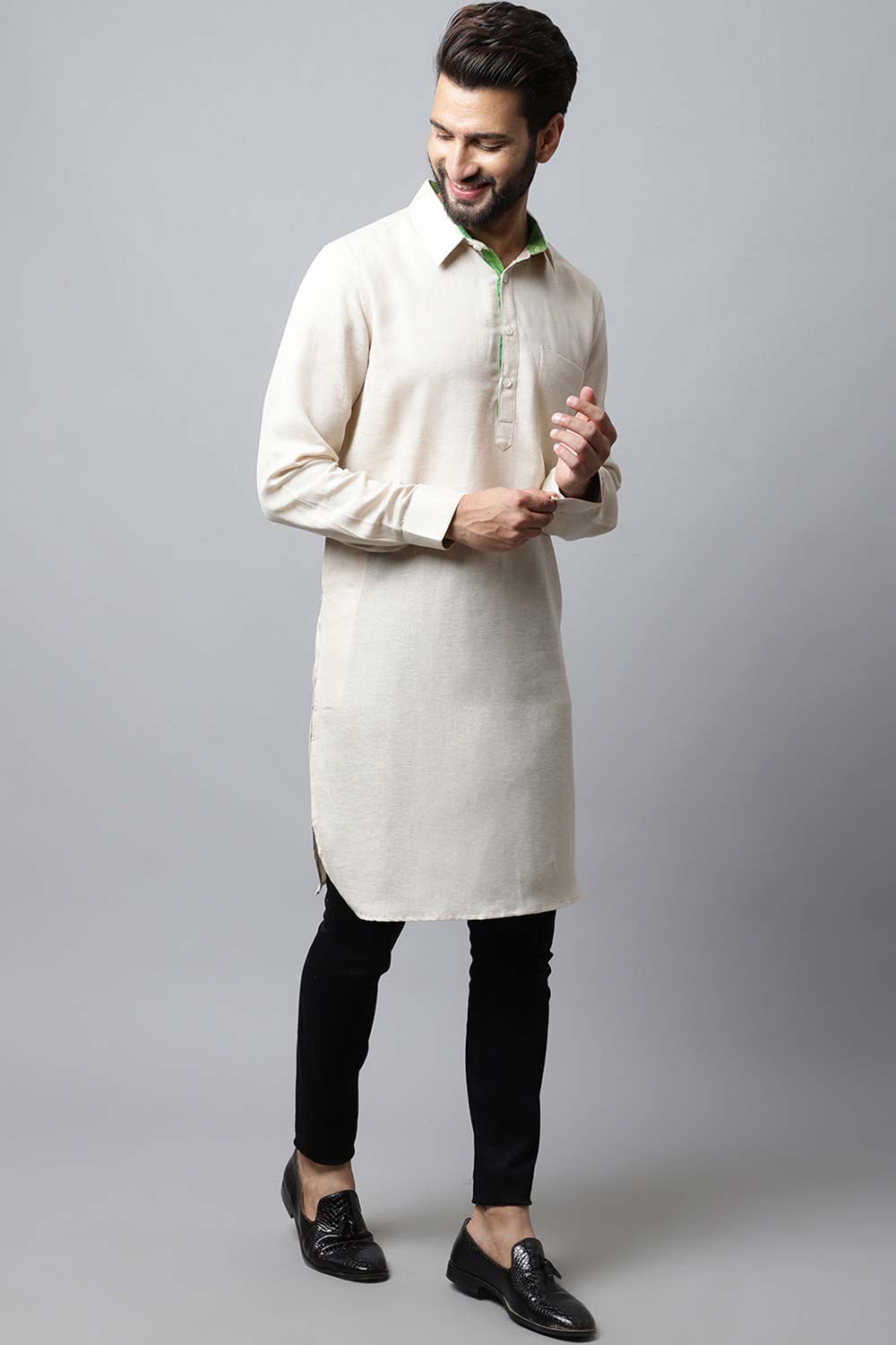 Men's Light Cream Solid Full Sleeve Long Kurta Top