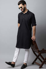 Men's Dark Black Self-Design Full Sleeve Long Kurta Top