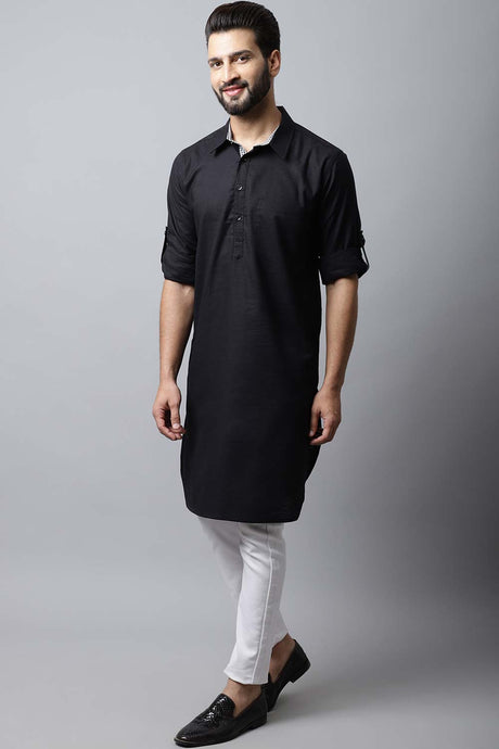 Men's Dark Black Self-Design Full Sleeve Long Kurta Top