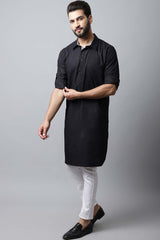 Men's Dark Black Self-Design Full Sleeve Long Kurta Top