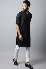 Men's Dark Black Self-Design Full Sleeve Long Kurta Top