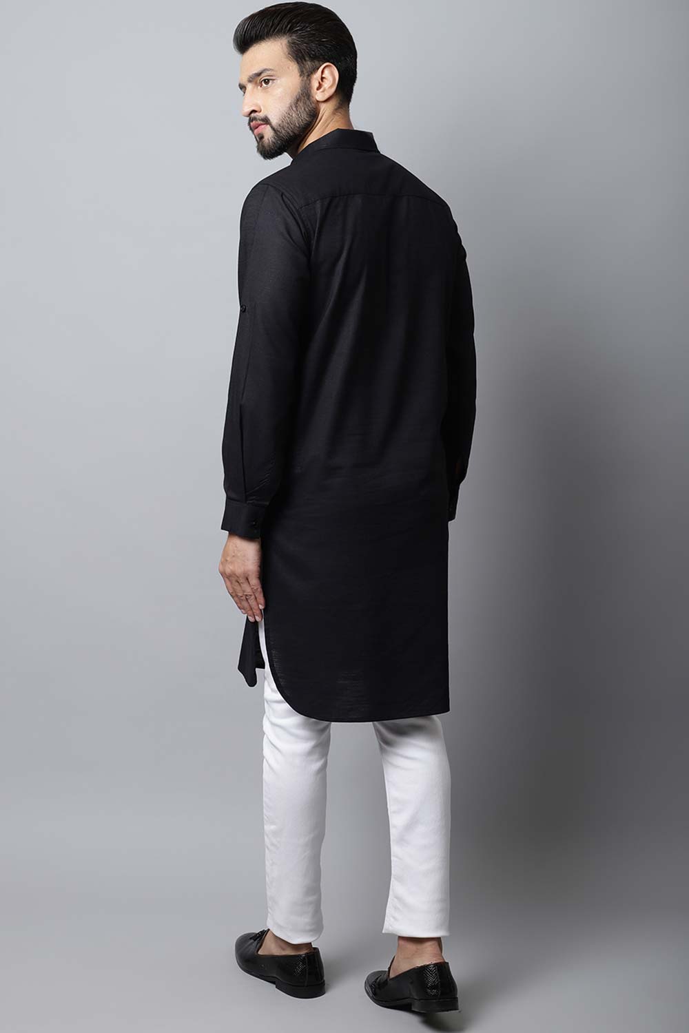 Men's Dark Black Self-Design Full Sleeve Long Kurta Top