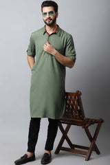 Men's Dark Green Solid Full Sleeve Long Kurta Top