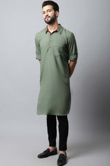 Men's Dark Green Solid Full Sleeve Long Kurta Top