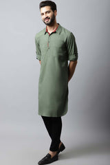 Men's Dark Green Solid Full Sleeve Long Kurta Top