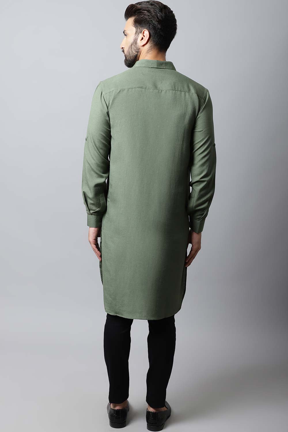 Men's Dark Green Solid Full Sleeve Long Kurta Top