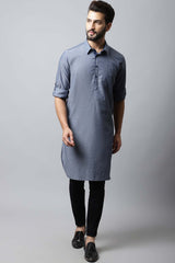 Men's Light Grey Indian Full Sleeve Long Kurta Top