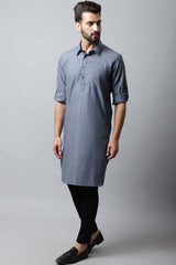 Men's Light Grey Indian Full Sleeve Long Kurta Top