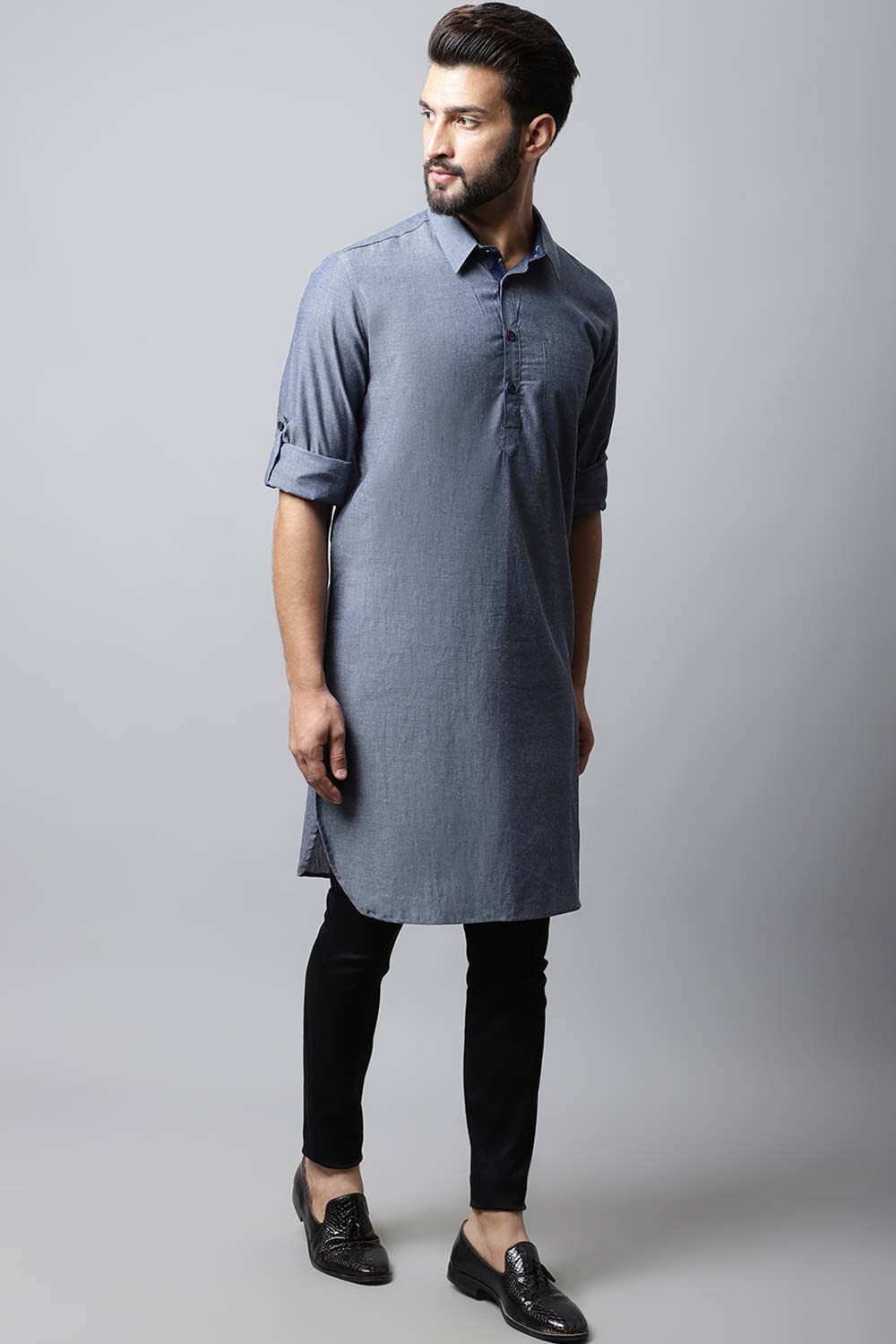 Men's Light Grey Indian Full Sleeve Long Kurta Top