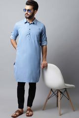 Men's Light Blue Solid Full Sleeve Long Kurta Top