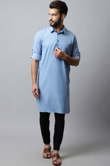 Men's Light Blue Solid Full Sleeve Long Kurta Top