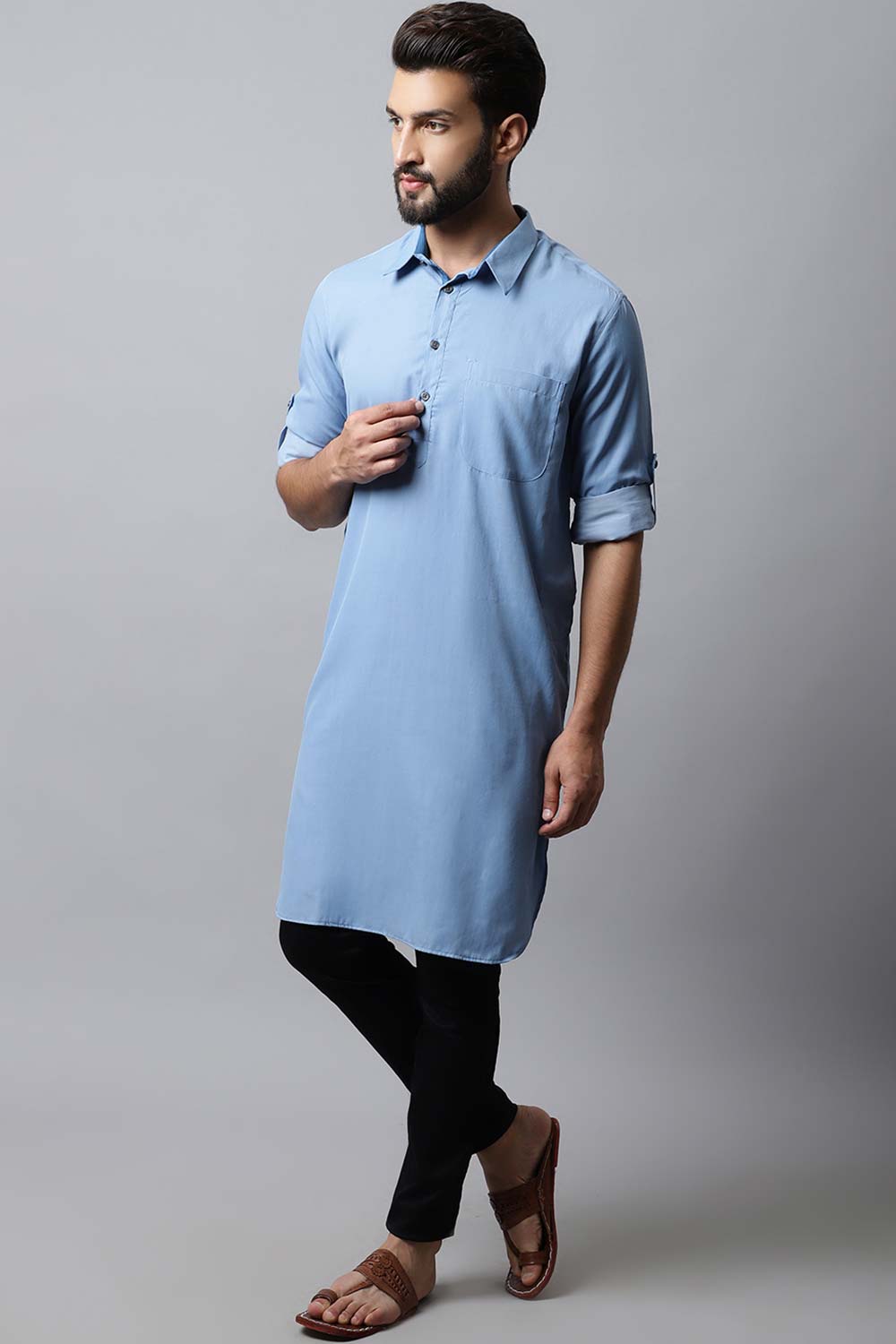 Men's Light Blue Solid Full Sleeve Long Kurta Top