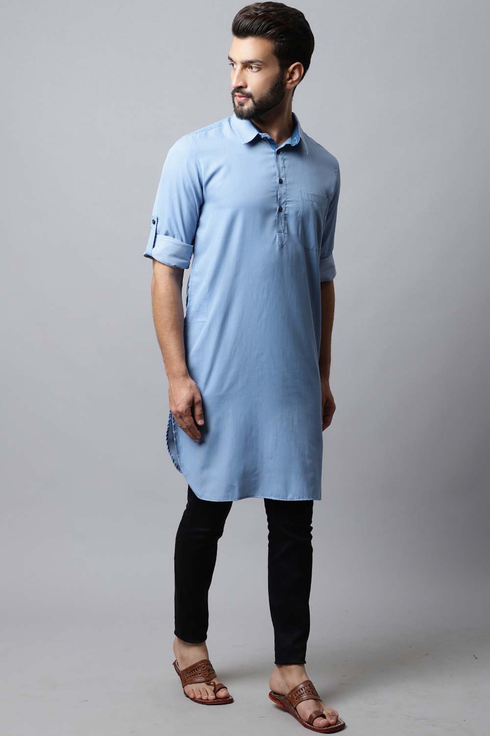 Men's Light Blue Solid Full Sleeve Long Kurta Top