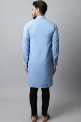 Men's Light Blue Solid Full Sleeve Long Kurta Top