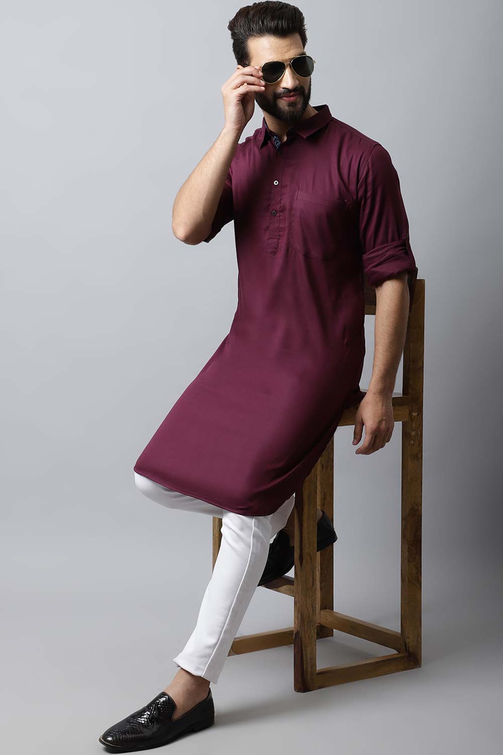 Men's Dark Maroon Solid Full Sleeve Long Kurta Top